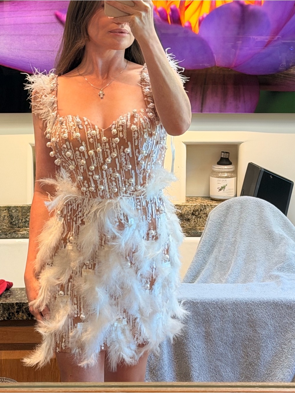 Embellished Feather Mini Dress in Ivory